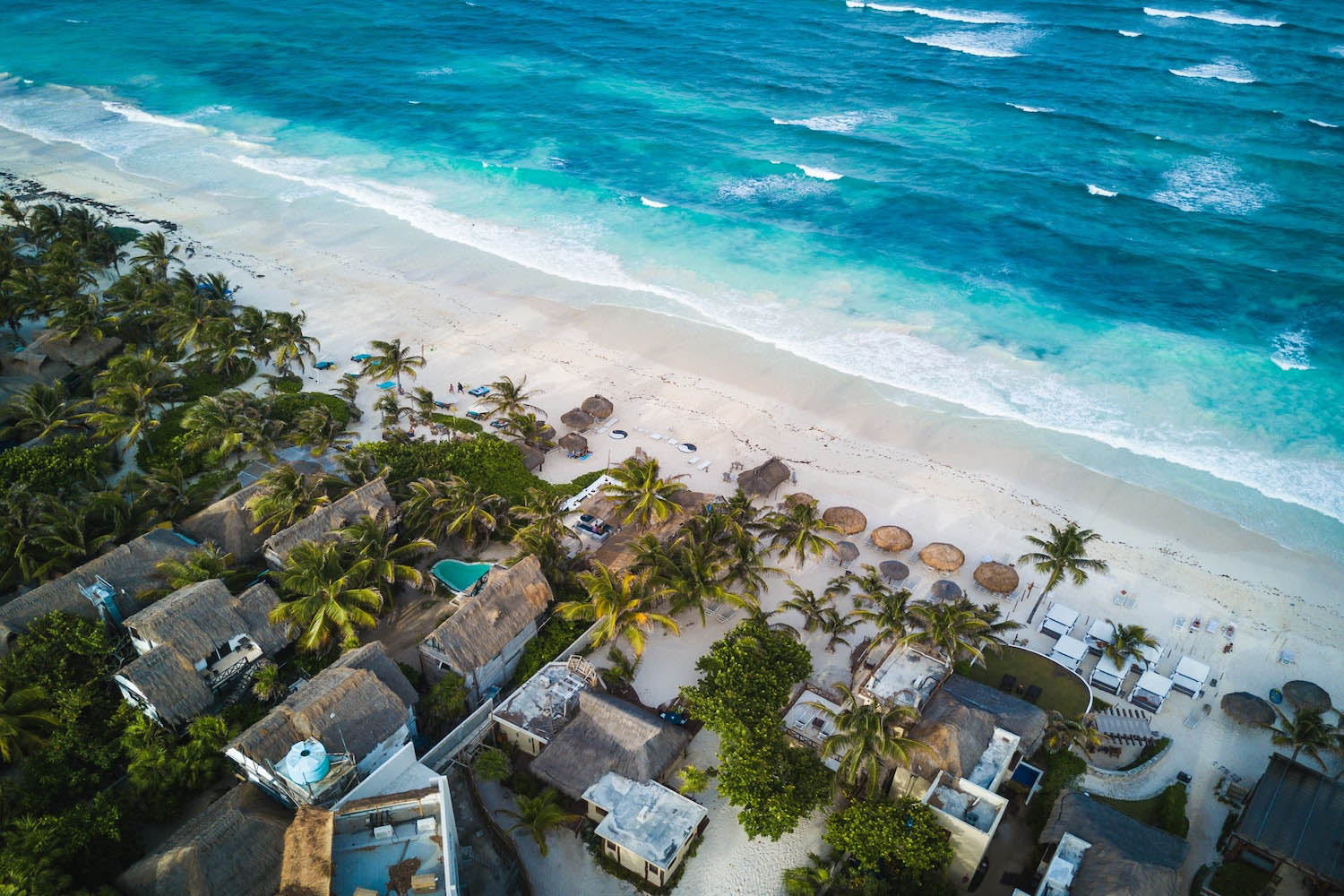 Drone image from above the beach in Mexico with palm trees and waves